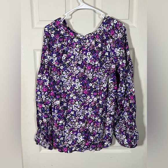Purple Ditsy Floral Boho Blouse Tassel Tie Neck Flowy Top - Picture 7 of 9